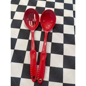 Red Melamine Kitchen Utensil Set Solid and Slotted Serving Spoons 2 Piece